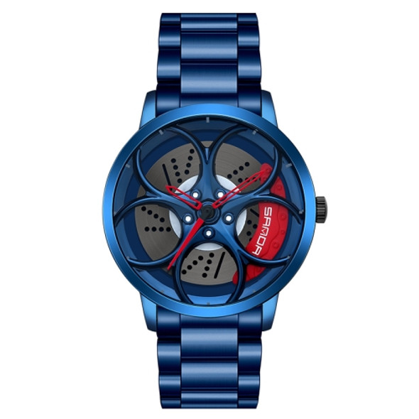 SANDA 1070 3D Oval Hollow Out Wheel Non-rotatable Dial Quartz Watch for Men, Style:Steel Belt(Blue Red)