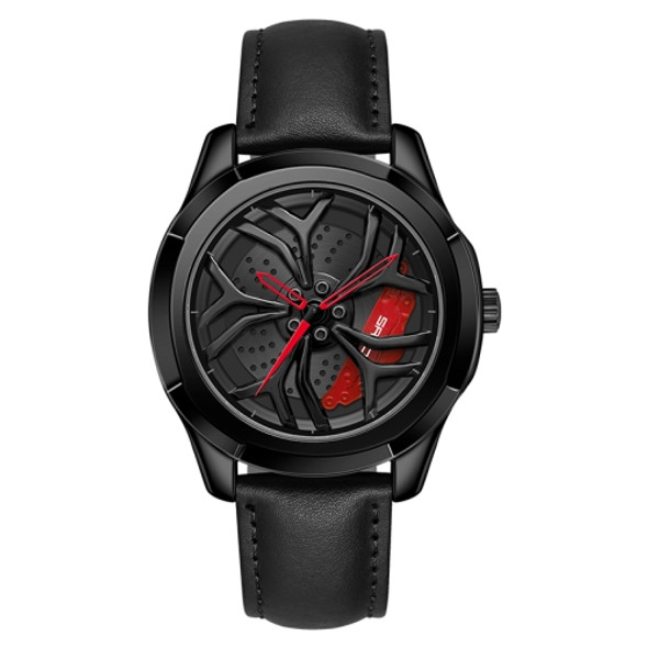 SANDA 1065 3D Hollow Out Wheel Non-rotatable Dial Quartz Watch for Men, Style:Leather Belt(Black Red)