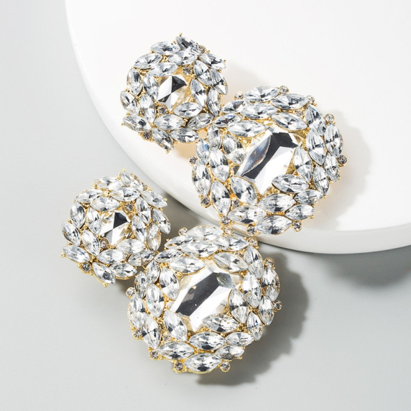 2 Pairs Female Earrings Exaggerated Alloy Geometric Glass Diamond Earrings(White)