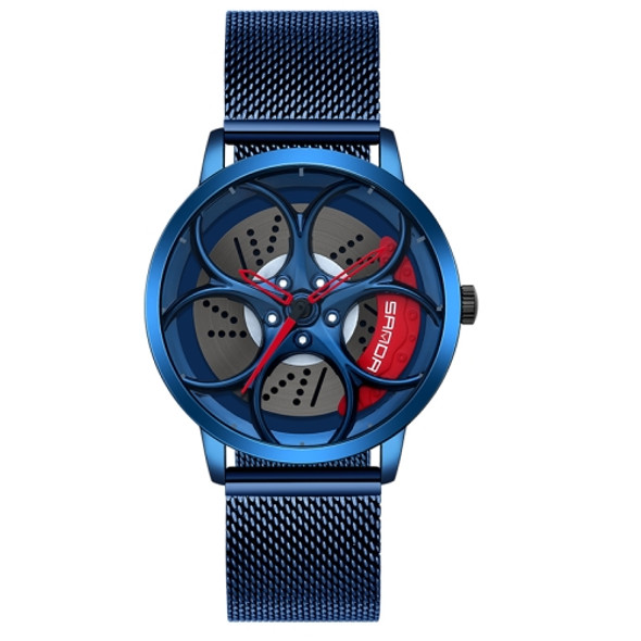 SANDA 1070 3D Oval Hollow Out Wheel Non-rotatable Dial Quartz Watch for Men, Style:Mesh Belt(Blue Red)