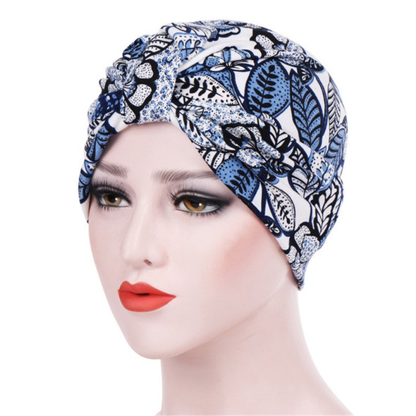 Women Floral Cotton Turban Hat Wrap Cap, Size: M（56-58cm）(Blue Leaves)