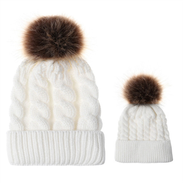 2 in 1 Autumn and Winter Parent-child Hat Set Warm Twist Texture Knit Hat with Wool Ball, Size:Parent-child(White)
