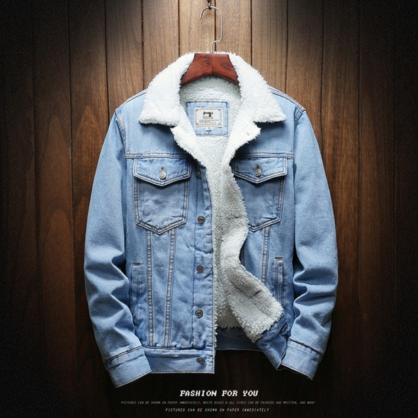 Men Winter Wool Liner Jean Jackets Outerwear Warm Denim Coats, Size:XXXL(Sky Blue)