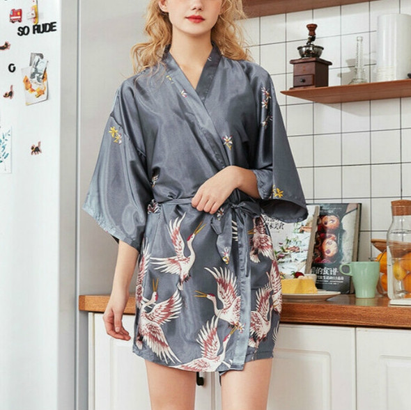 Womens Summer Print Kimono Robe Satin Lace Gown Fashion Sleepwear, Size:XXL(Grey)