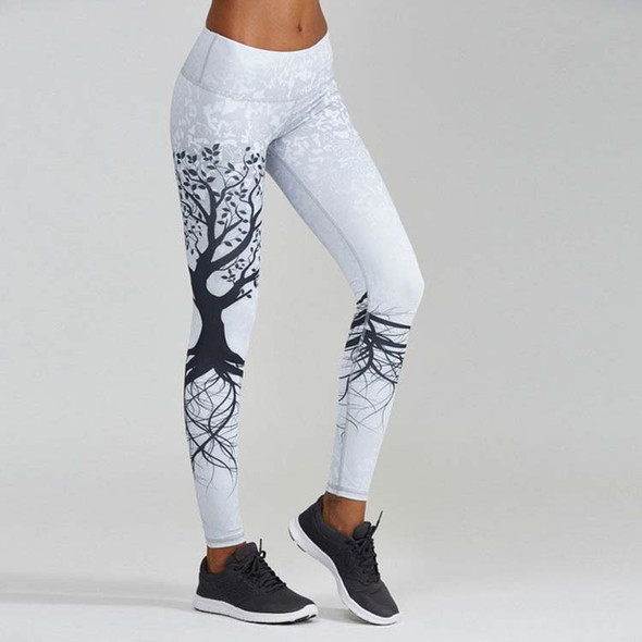Tree Print High Waist Push Up Leggings Sport Women Elastic Breathable Yoga Pants, Size:L (White)