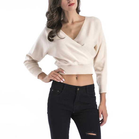 Short Bat Sleeve Deep V-neck Loose Sweater for Women, Size:M (Beige)