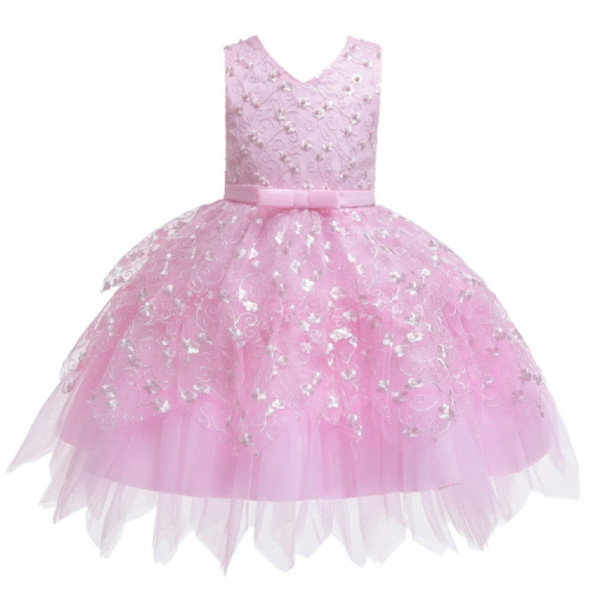 Girls Irregular Embroidered Beaded Bow-knot Tutu Sleeveless Dress Show Dress, Appropriate Height:100cm(Pink)