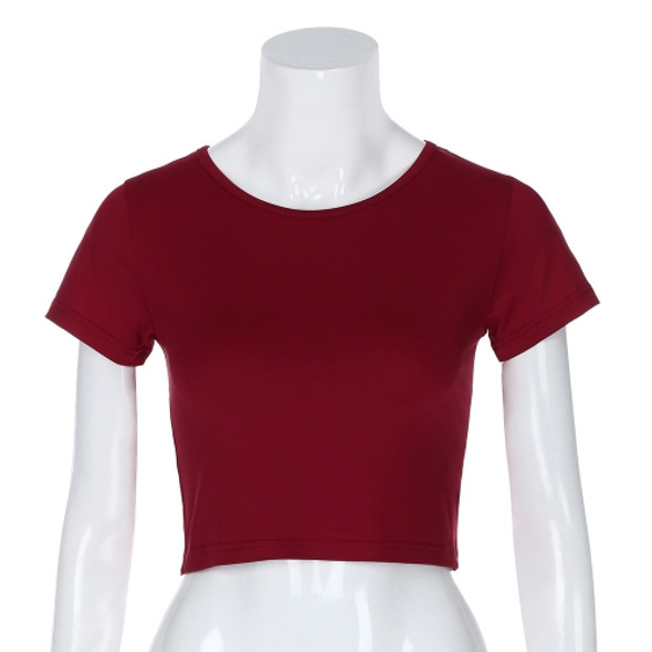 Round Neck Exposed Navel Shirt Body Short Sleeve T-shirt, Size: L(Wine Red)