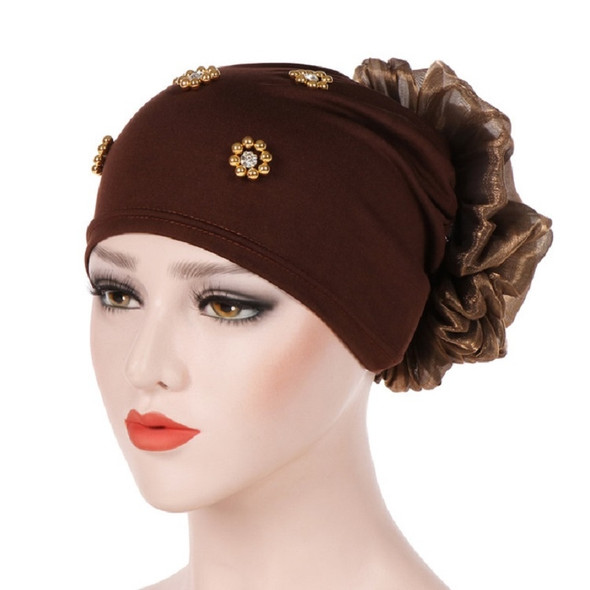 Women Personality Rear Flower Decoration Turban Hat Beaded Hooded Cap, Size:M (56-58cm)(Dark Brown)