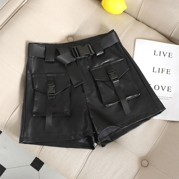 Autumn and Winter PU Leather Large Pocket Tooling Wide Leg Shorts, Size: M(Black)