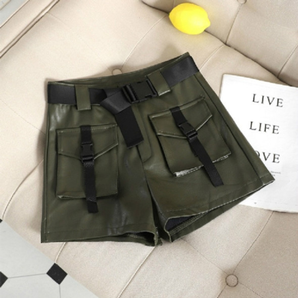 Autumn and Winter PU Leather Large Pocket Tooling Wide Leg Shorts, Size: M(Green )