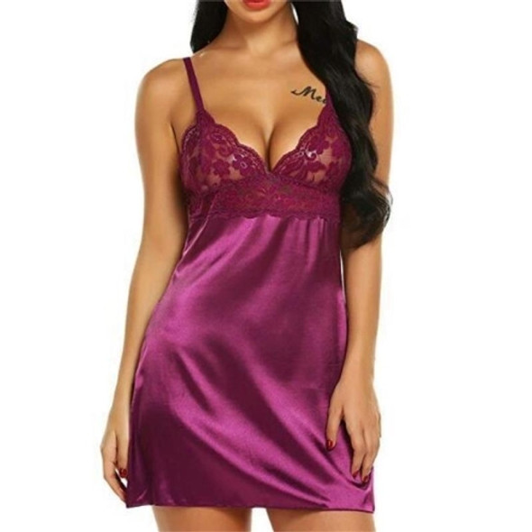 3 PCS Sexy Lingerie Women Silk Lace Casual Loose Solid Sleeveless Dress Nightgown Sleepwear, Size:S (Purple)