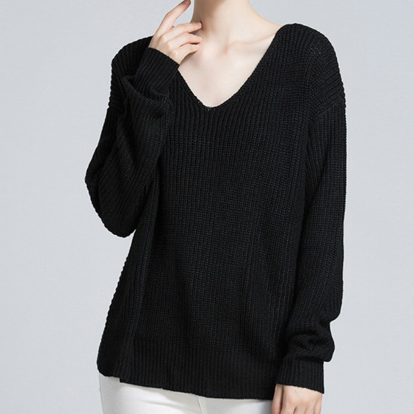 Autumn and Winter Women V-neck Pullover Leaky Sweater, Size: M(Black)