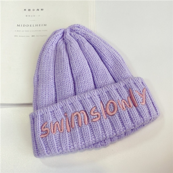 Autumn And Winter Children Wool Warm Letter Embroidery Pattern Knitted Cap, Size: 45-52cm(Purple)