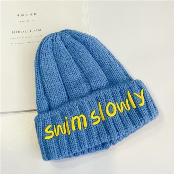 Autumn And Winter Children Wool Warm Letter Embroidery Pattern Knitted Cap, Size: 45-52cm(Blue)