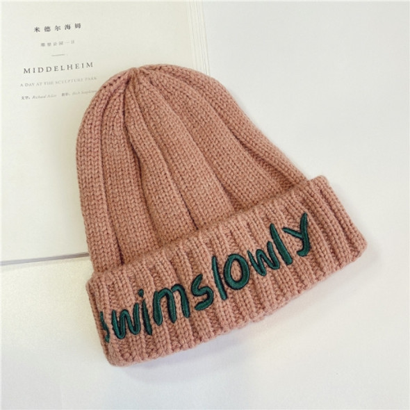 Autumn And Winter Children Wool Warm Letter Embroidery Pattern Knitted Cap, Size: 45-52cm(Khaki)