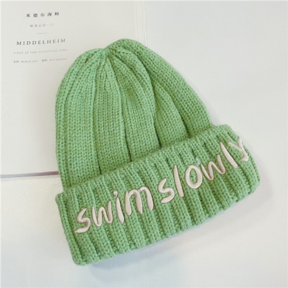 Autumn And Winter Children Wool Warm Letter Embroidery Pattern Knitted Cap, Size: 45-52cm(Fruit Green)