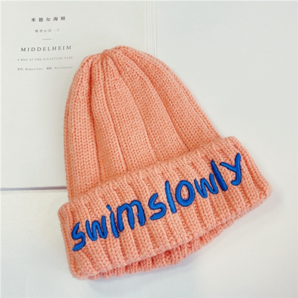 Autumn And Winter Children Wool Warm Letter Embroidery Pattern Knitted Cap, Size: 45-52cm(Orange Powder)