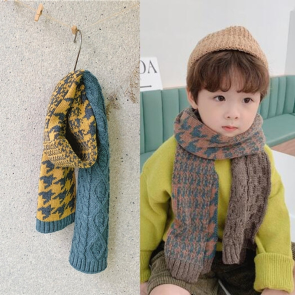 Color Matching Twisted Houndstooth Pattern Children Wild Wool Warm Scarf, Size:130 x 22cm(Blue+Yellow)