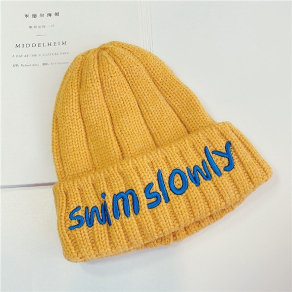 Autumn And Winter Children Wool Warm Letter Embroidery Pattern Knitted Cap, Size: 45-52cm(Turmeric)