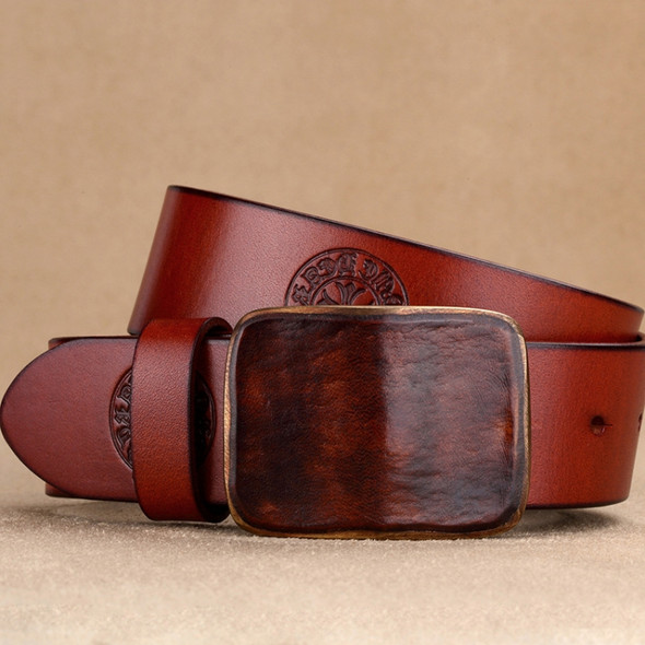 Copper Buckle Full-grain Leather Men Belt, Length (CM): 125cm(Brown)