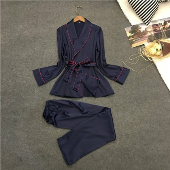 Bathrobe Pajamas Imitation Silk Pajamas Lapel Casual Silk Home Wear, Size:XL(Blue)