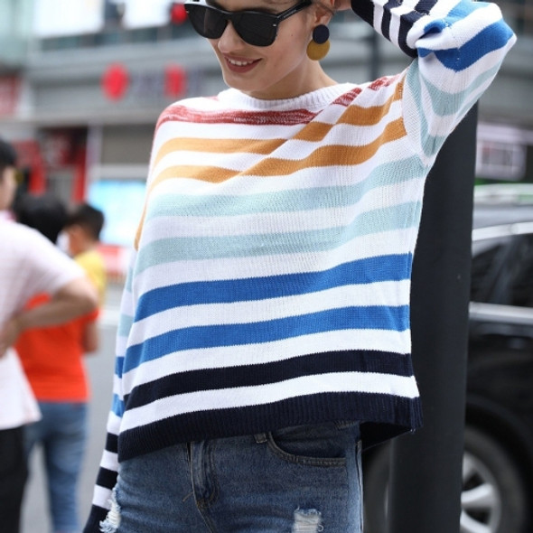 Women Color Striped Stitching Sweater Sweater (Color:Blue Size:XL)