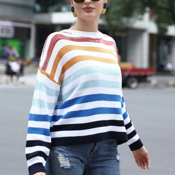 Women Color Striped Stitching Sweater Sweater (Color:Blue Size:XL)