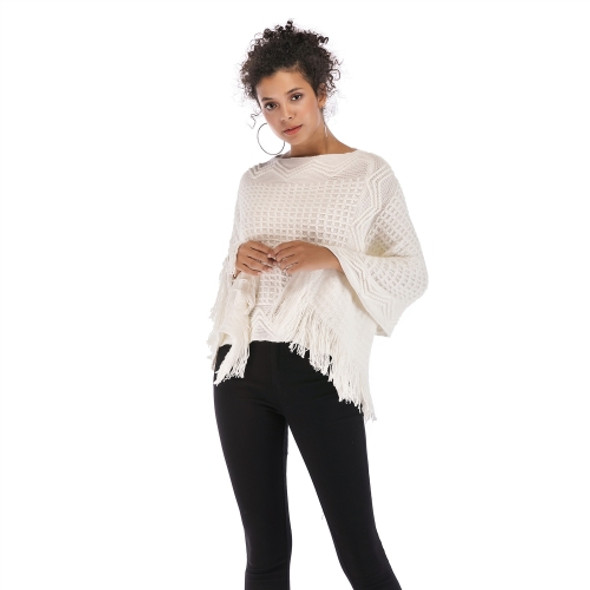 Irregular Solid Color Fringed Cape Pullover Shawl Knitted Sweater (Color:White Size:One Size)