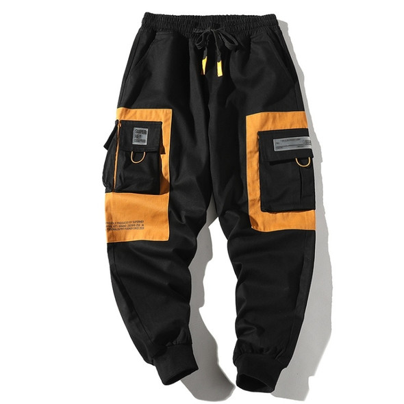 Multi-pockets Loose Waist and Small Feet Casual Youth Trend Wild Overalls for Men (Color:Black Yellow Size:L)