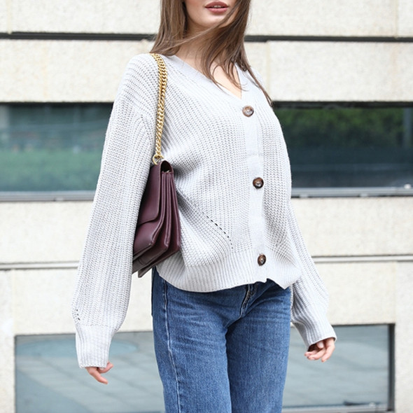 Fashion Cardigan Solid Color Knit Button Sweater (Color:White Size:M)