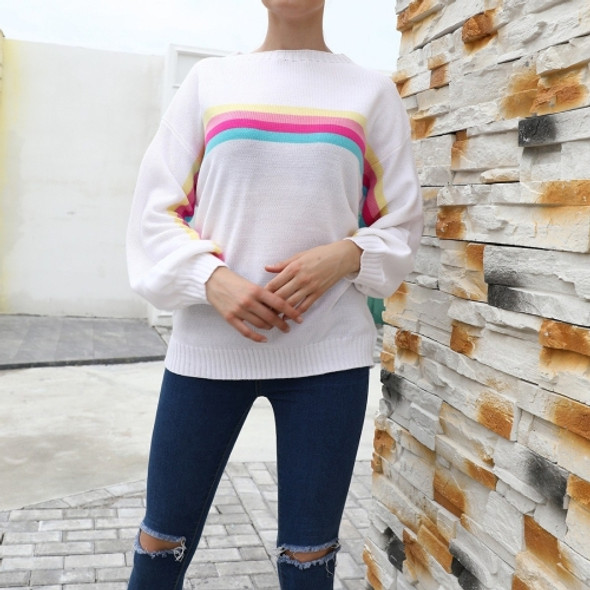 Women Rainbow Striped Sweater (Color:White Size:L)