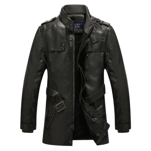 Men Long Style Leather Jacket Coat (Color:Black Grey Size:L)