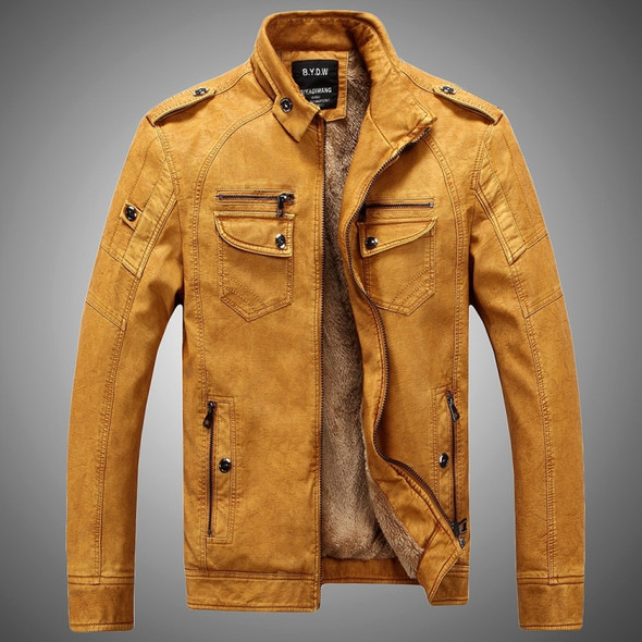 Men Plus Velvet Loose Leather Jacket Coat (Color:Yellow Size:XXL)