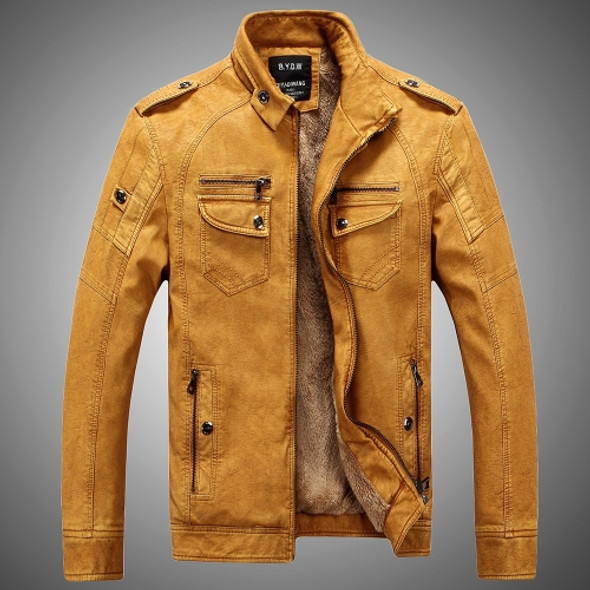 Men Plus Velvet Loose Leather Jacket Coat (Color:Yellow Size:4XL)