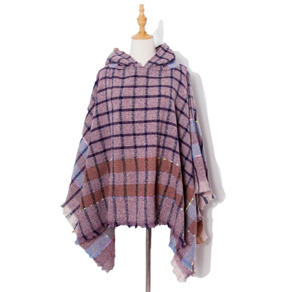 Spring Autumn Winter Checkered Pattern Hooded Cloak Shawl Scarf, Length (CM): 135cm(DP2-08 Purple)