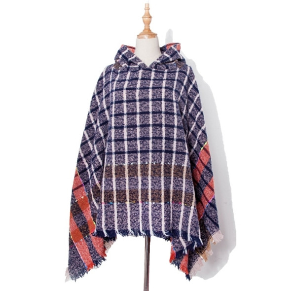 Spring Autumn Winter Checkered Pattern Hooded Cloak Shawl Scarf, Length (CM): 135cm(DP2-01 Navy)