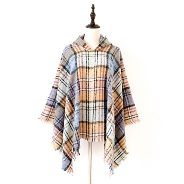 Spring Autumn Winter Checkered Pattern Hooded Cloak Shawl Scarf, Length (CM): 135cm(DP-08 Blue Yellow)