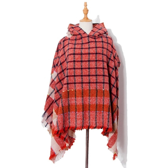 Spring Autumn Winter Checkered Pattern Hooded Cloak Shawl Scarf, Length (CM): 135cm(DP2-04 Red)