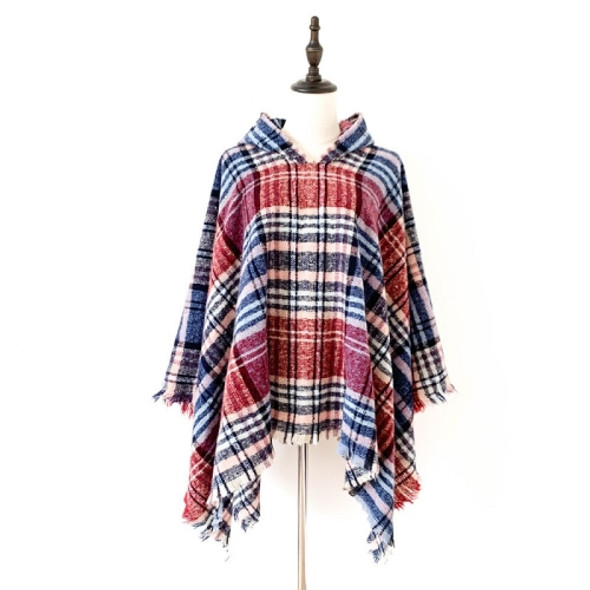 Spring Autumn Winter Checkered Pattern Hooded Cloak Shawl Scarf, Length (CM): 135cm(DP-06 Red)