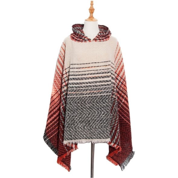 Spring Autumn Winter Checkered Pattern Hooded Cloak Shawl Scarf, Length (CM): 135cm(DP4-01 Red)