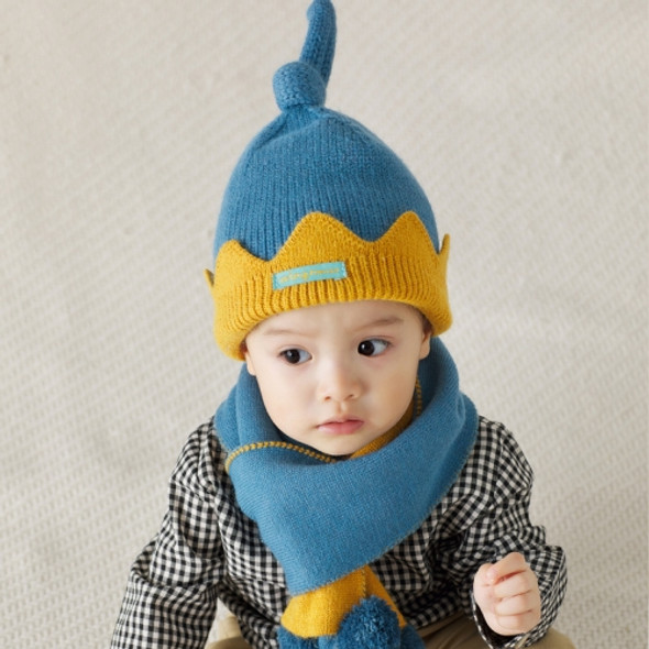 MZ9964 2 In 1 Crown Pattern Autumn And Winter Warmth Thickening Woolen Hat Baby Hat + Scarf Set(Blue+Yellow)