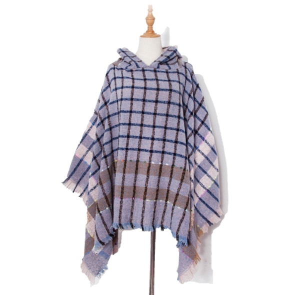 Spring Autumn Winter Checkered Pattern Hooded Cloak Shawl Scarf, Length (CM): 135cm(DP2-06 Blue)