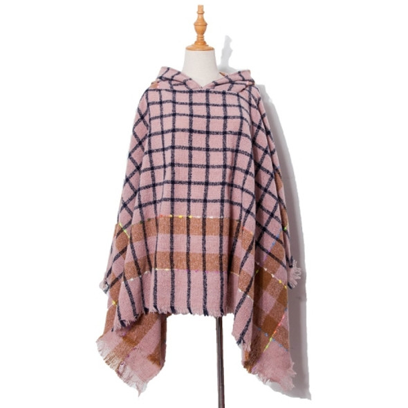 Spring Autumn Winter Checkered Pattern Hooded Cloak Shawl Scarf, Length (CM): 135cm(DP2-03 Pink)