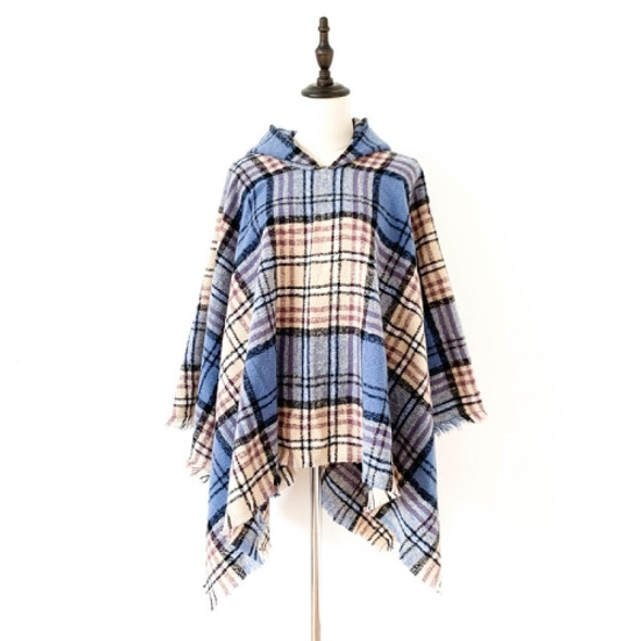 Spring Autumn Winter Checkered Pattern Hooded Cloak Shawl Scarf, Length (CM): 135cm(DP-07 Blue)