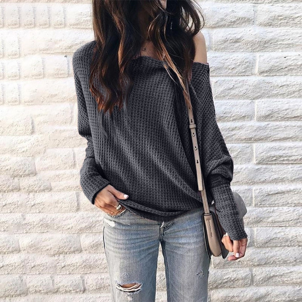 Long Sleeve Loose Printed One-shoulder Knit Shirt (Color:Grey Size:XXXL)