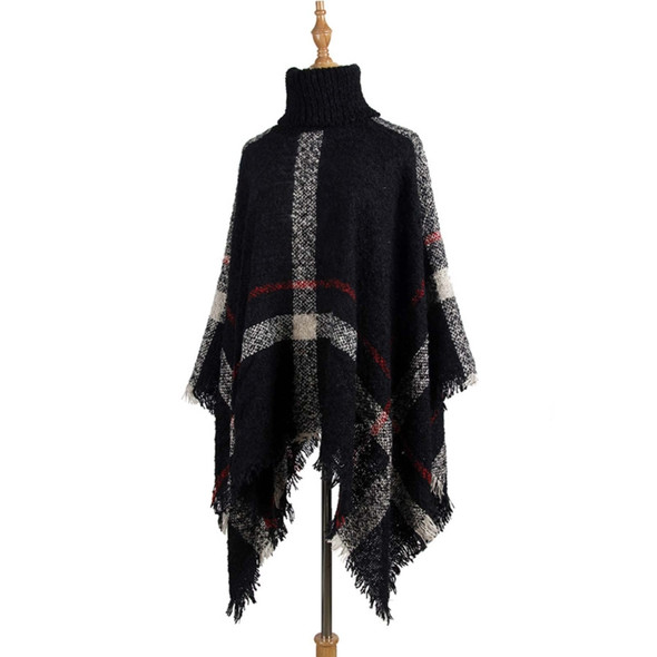 Women Mid-Length Turtleneck Sweater Fringed Cloak Shawl, Size: Free Size(Black)