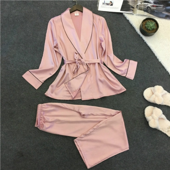 Bathrobe Pajamas Imitation Silk Pajamas Lapel Casual Silk Home Wear, Size:M(Dark Pink)