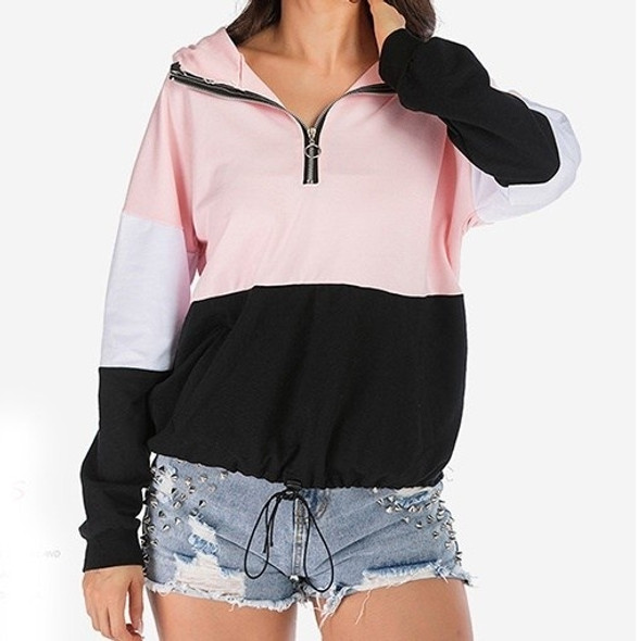 Contrast Zipper Hooded Women Sweatshirt (Color:Pink Size:L)