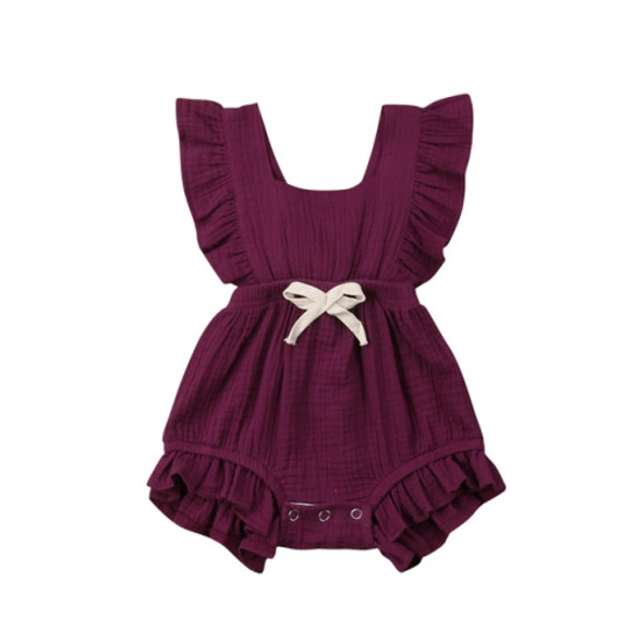 Baby Solid Color Sleeveless Ruffled Jumpsuit Back Strap Romper, Size:90cm(Wine Red)